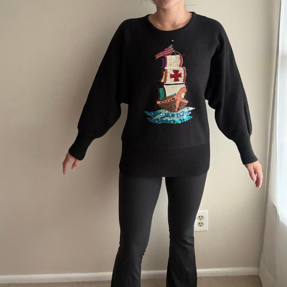 Vintage Diani Beaded Nautical Sweater preppy grandma Embroidered cottage winter
